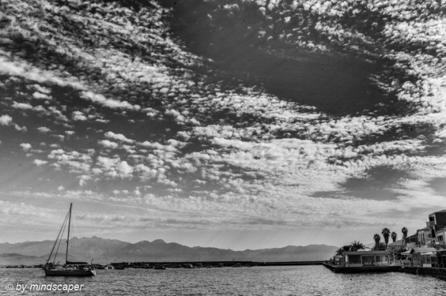 Cloudtastic Morning at the Harbour - Koroni in Black & White