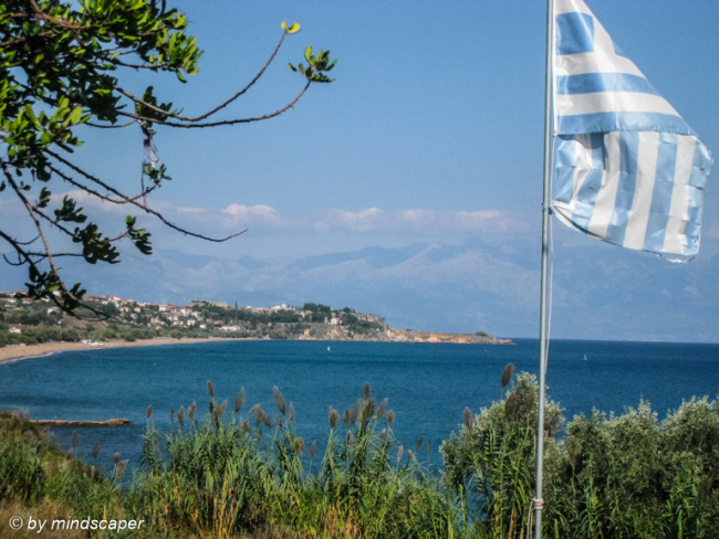 Panoramic View to Koroni with Greek Flag